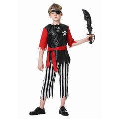 Kids Children Pirates Black Striped Outfits Cosplay Costume Halloween Carnival Suit