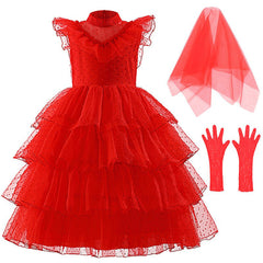 Kids Movie Beetlejuice 2 (2024) Lydia ​Red Wedding Dress Cosplay Costume Outfits Halloween Carnival Suit