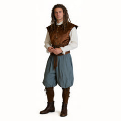 Medieval Pirate Brown Vest Blue Pants Set Outfits Cosplay Costume Halloween Suit