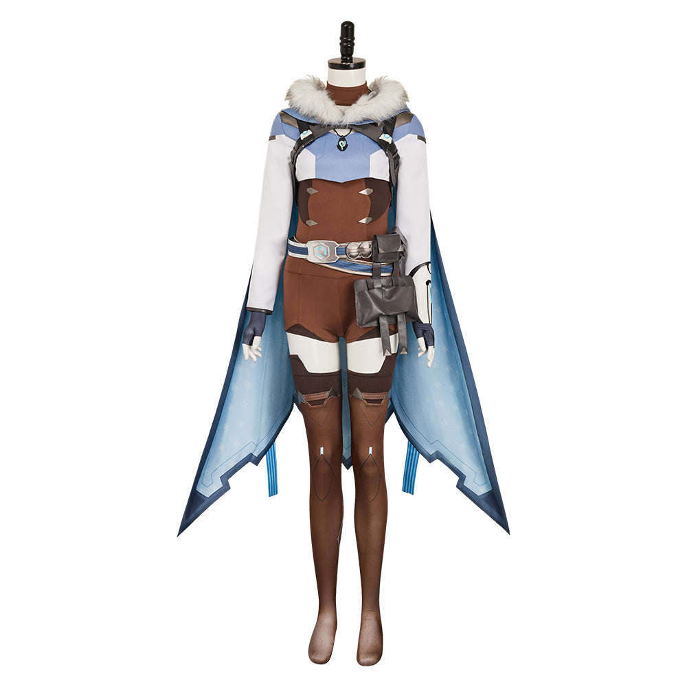 Overwatch 2 Freya Blue Brown Jumpsuit Cloak Set Outfits Cosplay Costume 