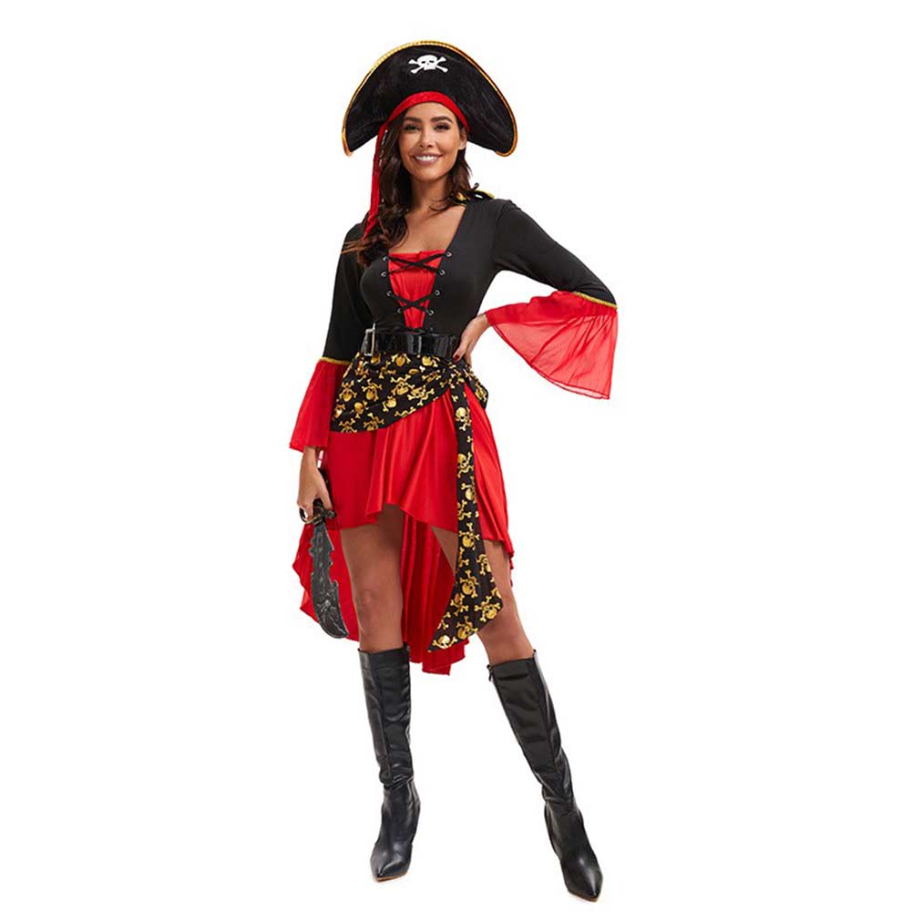 Pirate Red Dress Hat Set Outfits Cosplay Costume Halloween Carnival Suit 