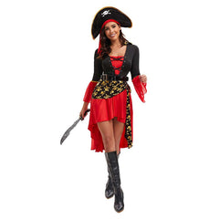 Pirate Red Dress Hat Set Outfits Cosplay Costume Halloween Carnival Suit 