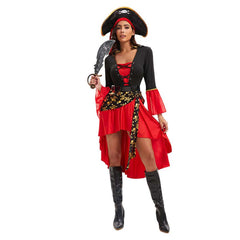 Pirate Red Dress Hat Set Outfits Cosplay Costume Halloween Carnival Suit 