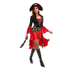 Pirate Red Dress Hat Set Outfits Cosplay Costume Halloween Carnival Suit 