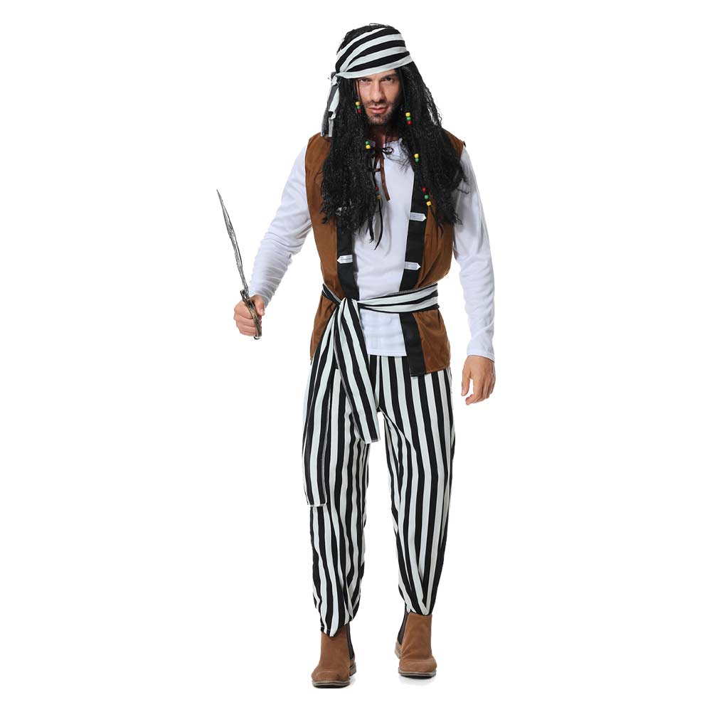 Pirates Black Striped Outfits Cosplay Costume Halloween Carnival Suit 