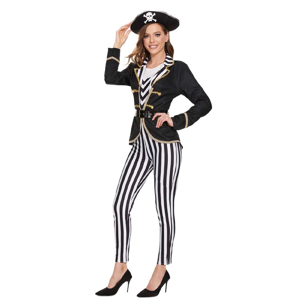 Pirates Black Striped Women Outfits Cosplay Costume Halloween Carnival Suit 