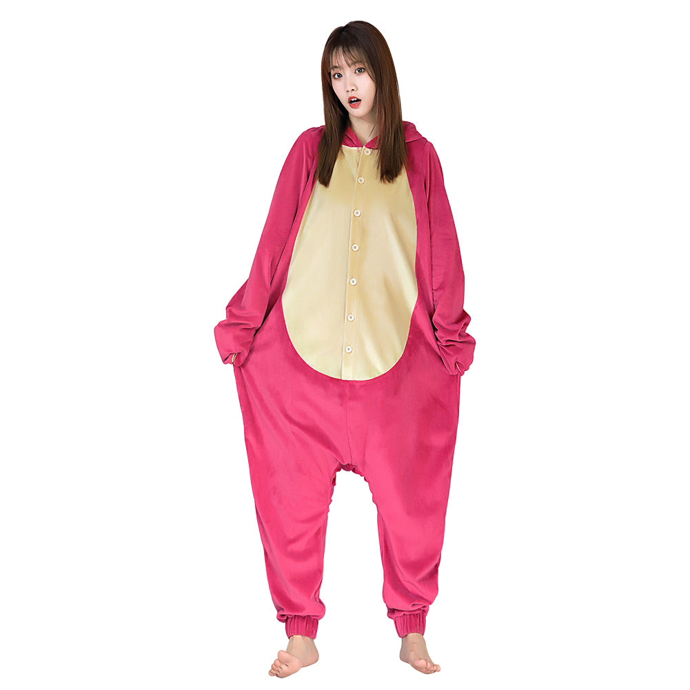 thumbnail image 2 of Women's Strawberry Bear Plush Jumpsuit Pajamas - Adult Cosplay Costume, Soft Velvet, Halloween & Sleepwear 2 of 11