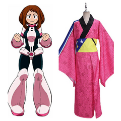 Anime Uraraka Pink Kimono Outfits Halloween Carnival Suit