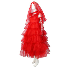 Movie Beetle Juice Lydia Red Wedding Dress Outfits Cosplay Costume Halloween Carnival Suit