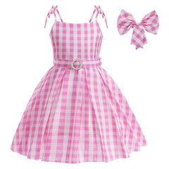 Kids Girls Movie Barbie 2023 Margot Robbie Barbie Pink Plaid Skirt Cosplay Costume Outfits Halloween Carnival Suit