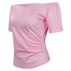Movie Pink Ladies Grease Cosplay Costume T-shirt Women Pink Off-shoulder Short Sleeve Shirt Top