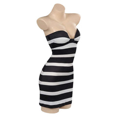 Movie Barbie 2023 Margot Robbie Barbie Black And White Stripes Strapless Dress Outfits Cosplay Costume Halloween Carnival Suit