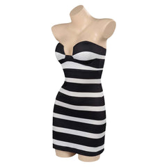 Movie Barbie 2023 Margot Robbie Barbie Black And White Stripes Strapless Dress Outfits Cosplay Costume Halloween Carnival Suit