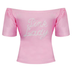 Movie Pink Ladies Grease Cosplay Costume T-shirt Women Pink Off-shoulder Short Sleeve Shirt Top