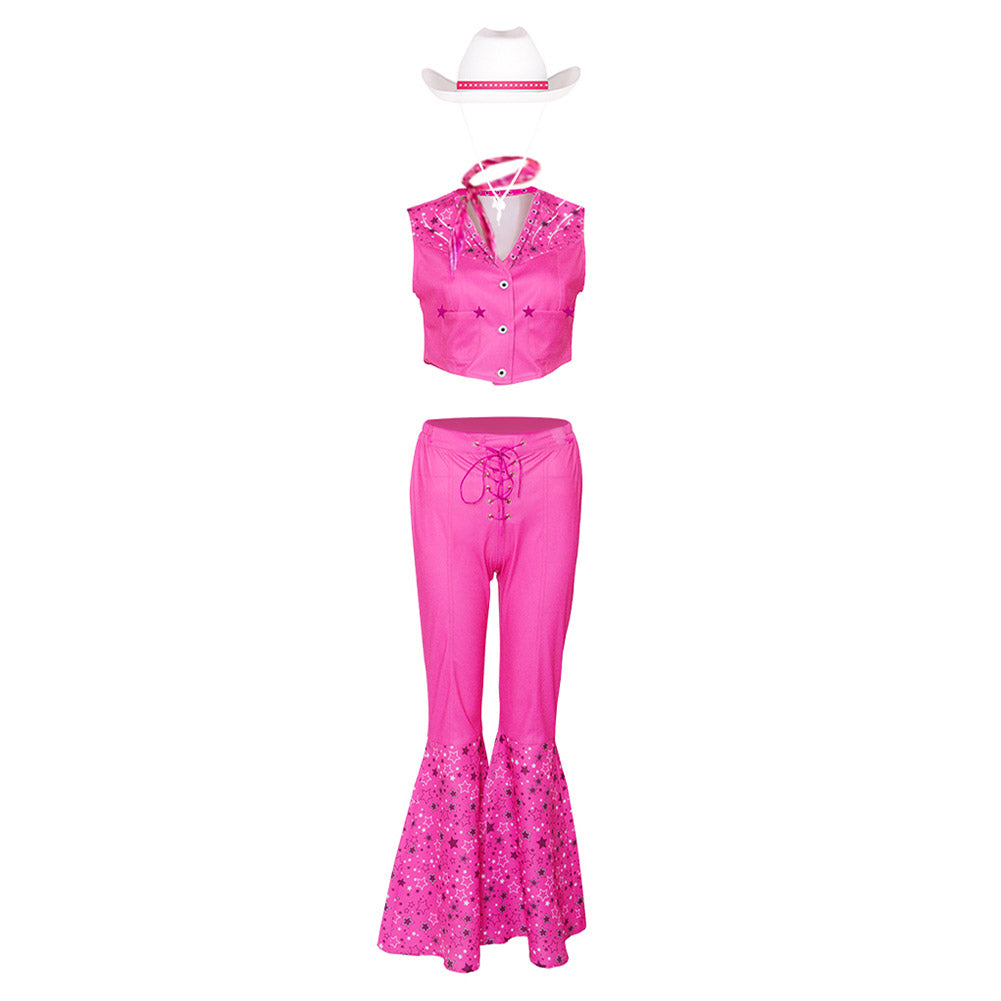 Movie Barbie 2023 Margot Robbie Barbie Pink Western Cowboy Set Outfits Cosplay Costume Halloween Carnival Suit