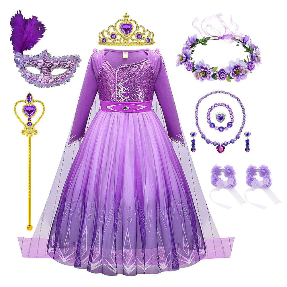 Kids Girls Frozen Elsa Outfits Purple Dress Cosplay Costume Halloween Carnival Suit