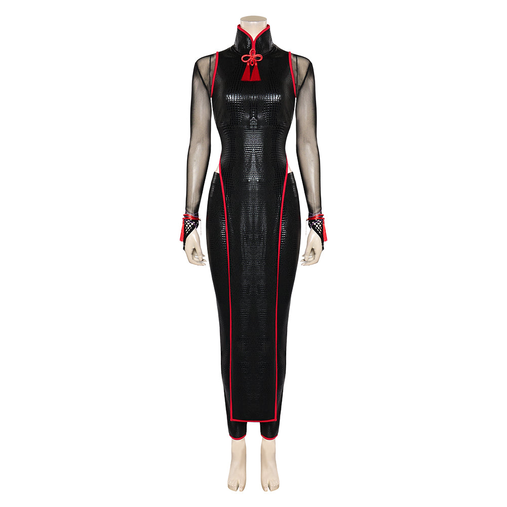 Game Street Fighter 6 AKI Sexy Black Leather Dress Battle Outfits Cosplay Costume Halloween Carnival Suit