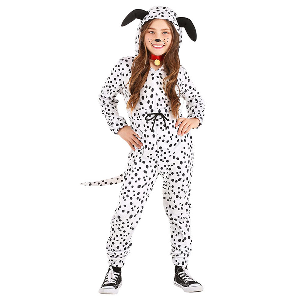 Kids Children Movie Cruella Spotted Dog White Jumpsuit Outfits Cosplay Costume Halloween Carnival Suit