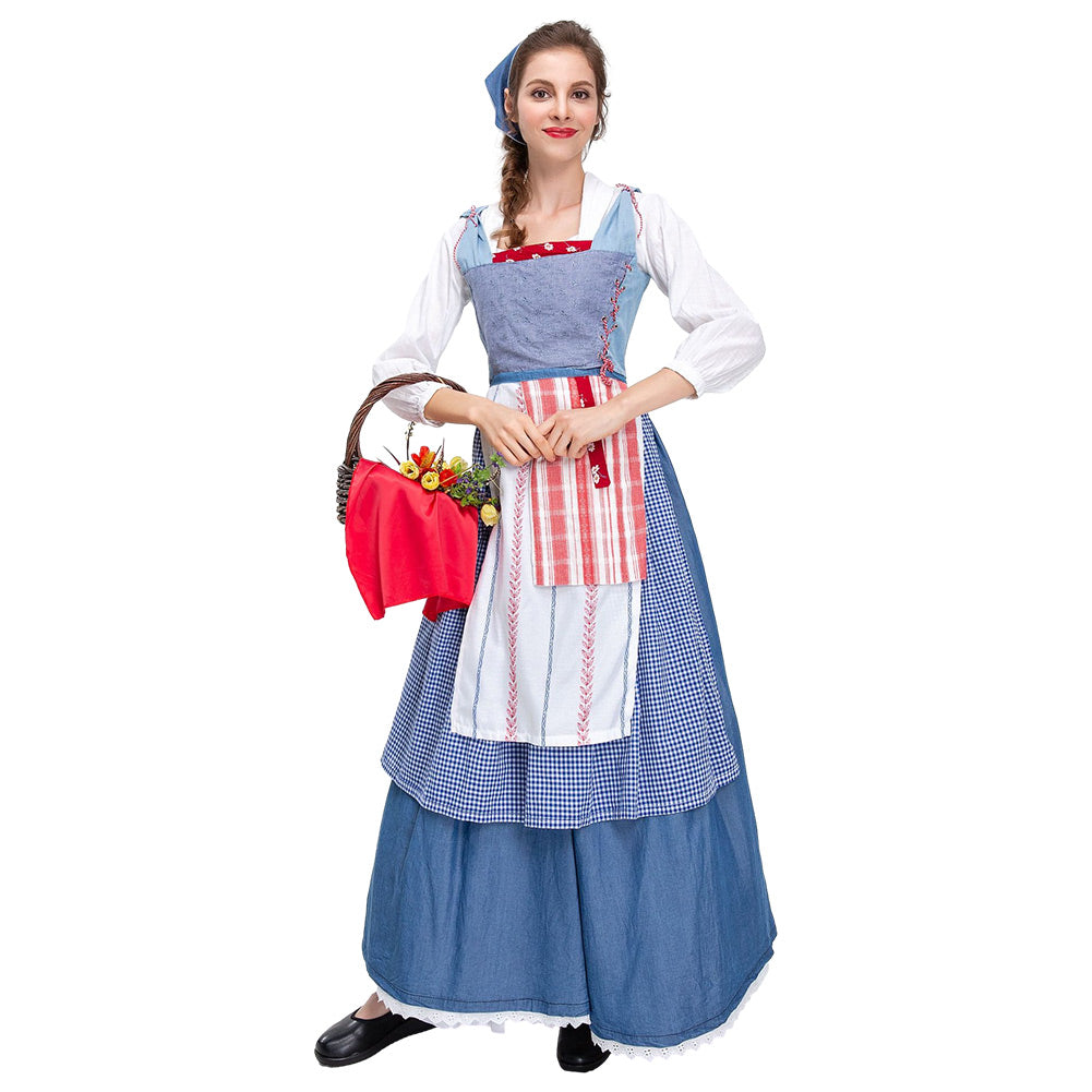 Movie Beauty And The Beast Belle Blue Maid Dress Outfits Cosplay Costume Halloween Carnival Suit