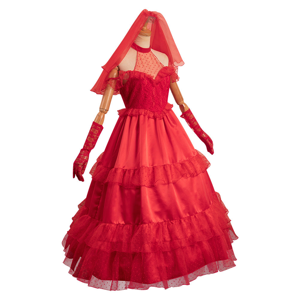 Beetlejuice Lydia Deetz Lolita Red Wedding Dress Outfits Cosplay Costume  Halloween Carnival Suit-Coshduk
