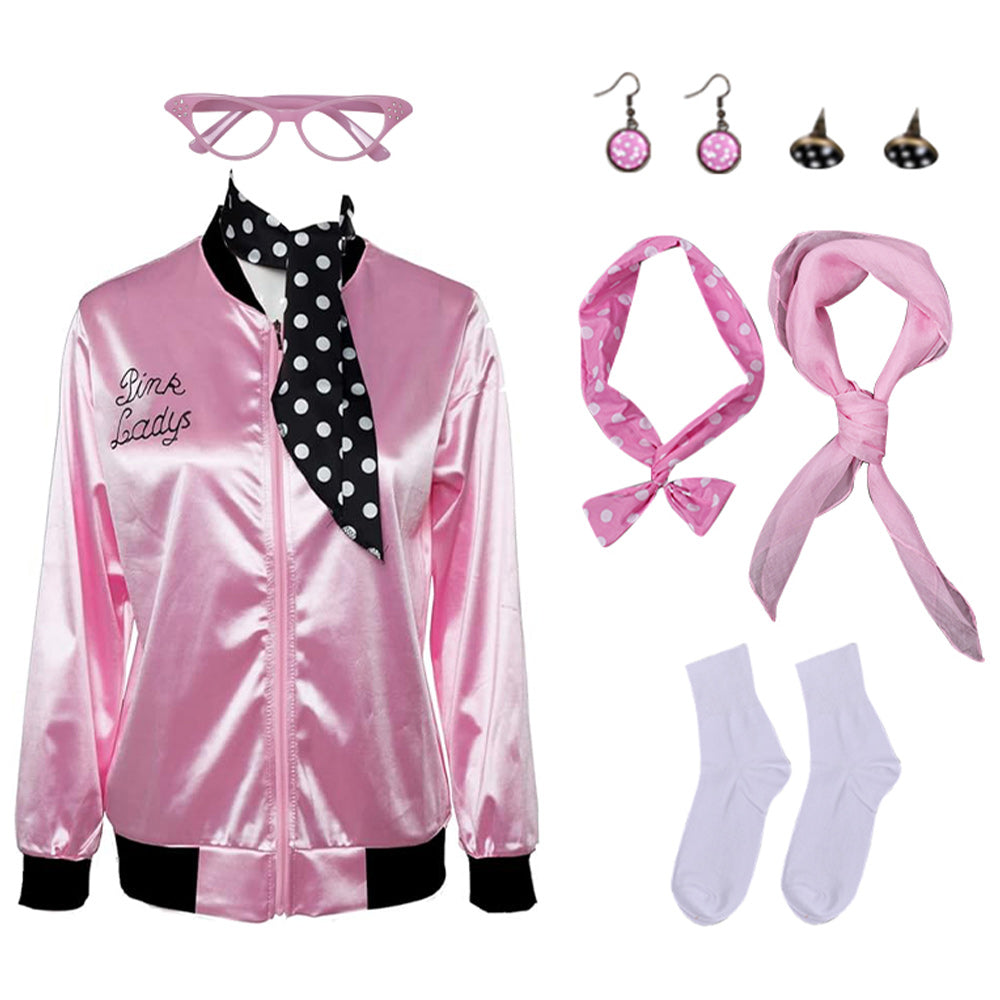 Movie Grease: Rydell High 2023 Pink Ladies Coat Outfits Cosplay Costume Halloween Carnival Suit